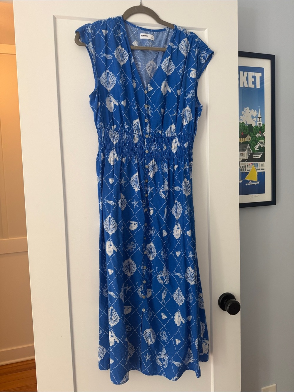 Blue Printed Cap-Sleeve Midi Dress with Gathered Waist